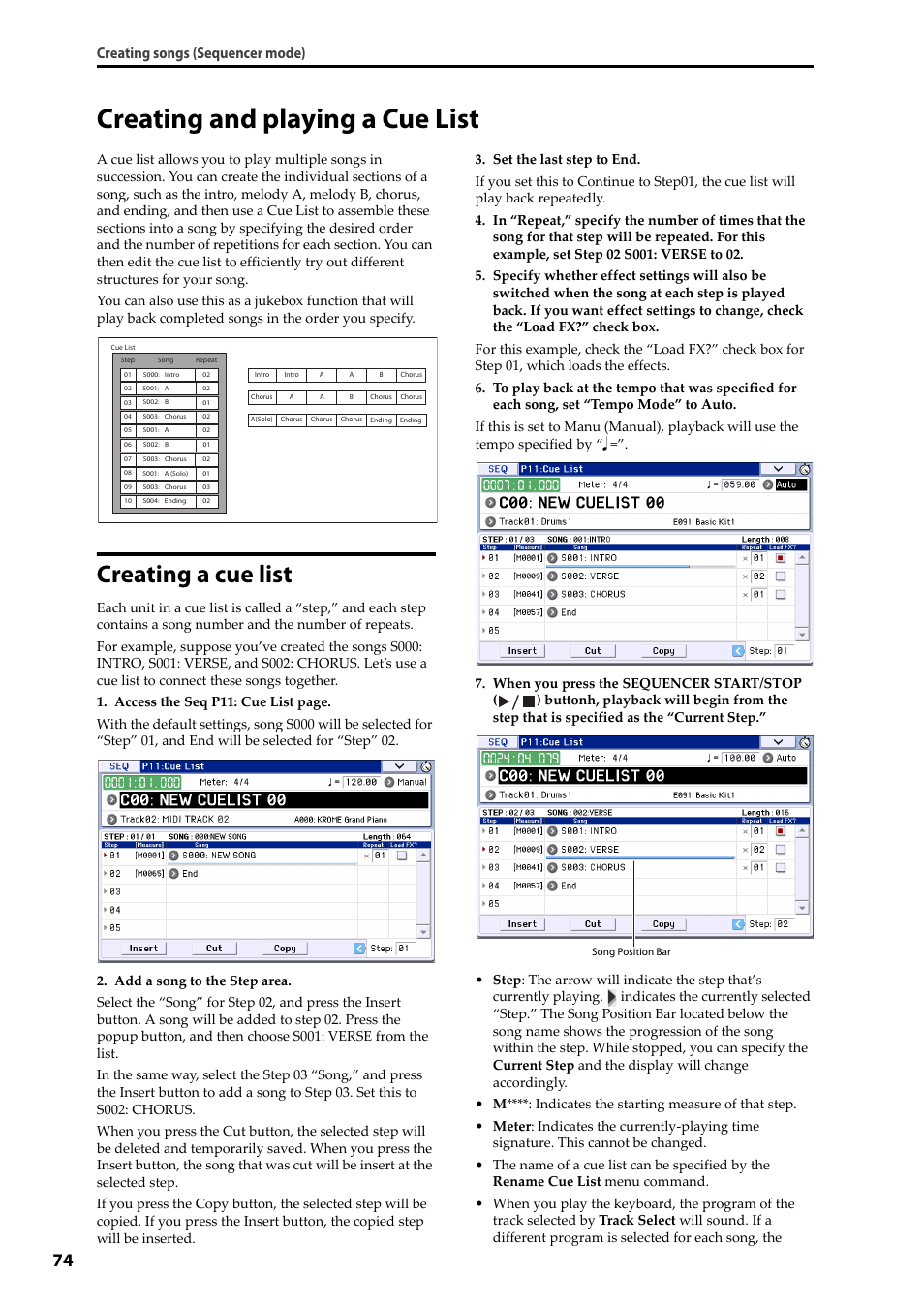 Creating and playing a cue list, Creating a cue list, Creating songs (sequencer mode) | KORG Krome music workstasion 61key User Manual | Page 78 / 142