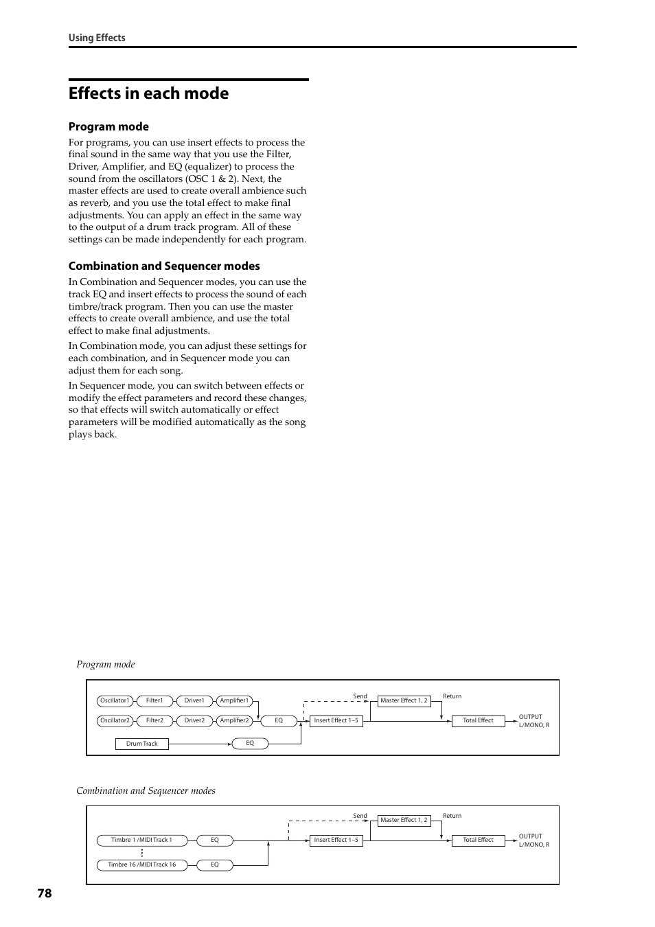 Effects in each mode, Program mode, Combination and sequencer modes | Using effects | KORG Krome music workstasion 61key User Manual | Page 82 / 142