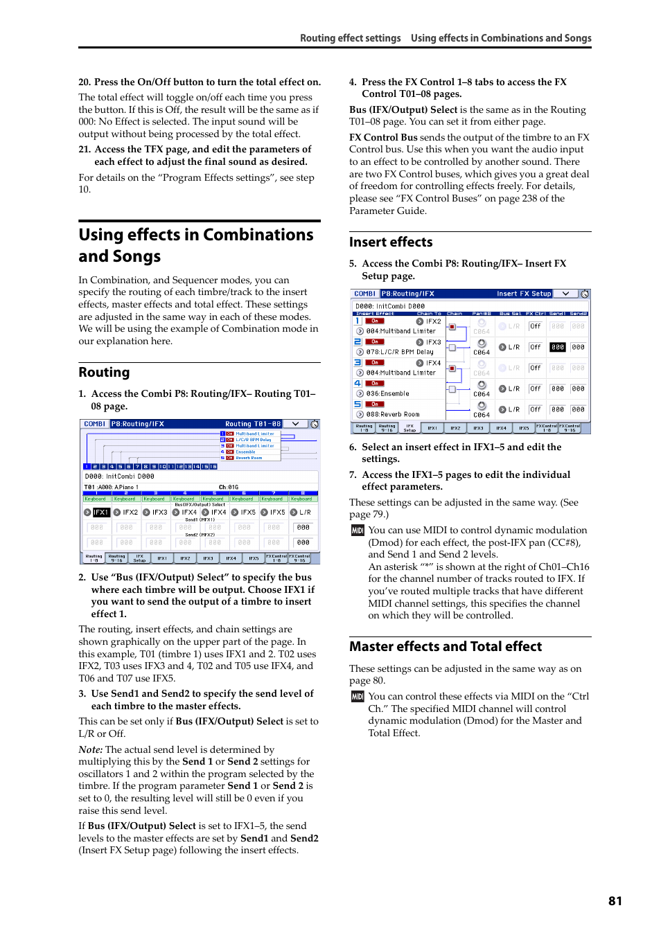 Using effects in combinations and songs, Routing, Insert effects | Master effects and total effect | KORG Krome music workstasion 61key User Manual | Page 85 / 142