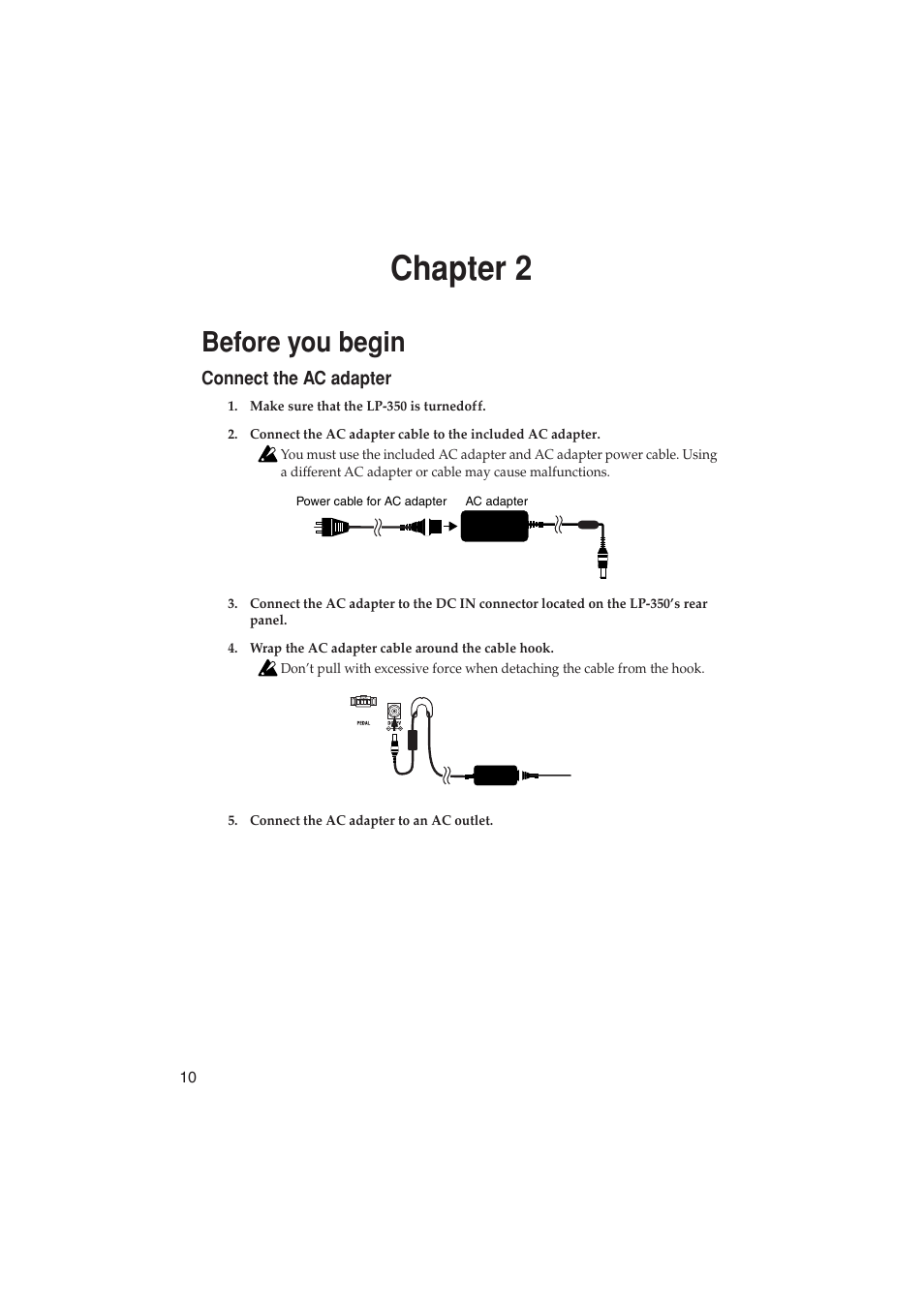 Chapter 2, Before you begin, Connect the ac adapter | KORG LP-350 User Manual | Page 10 / 44