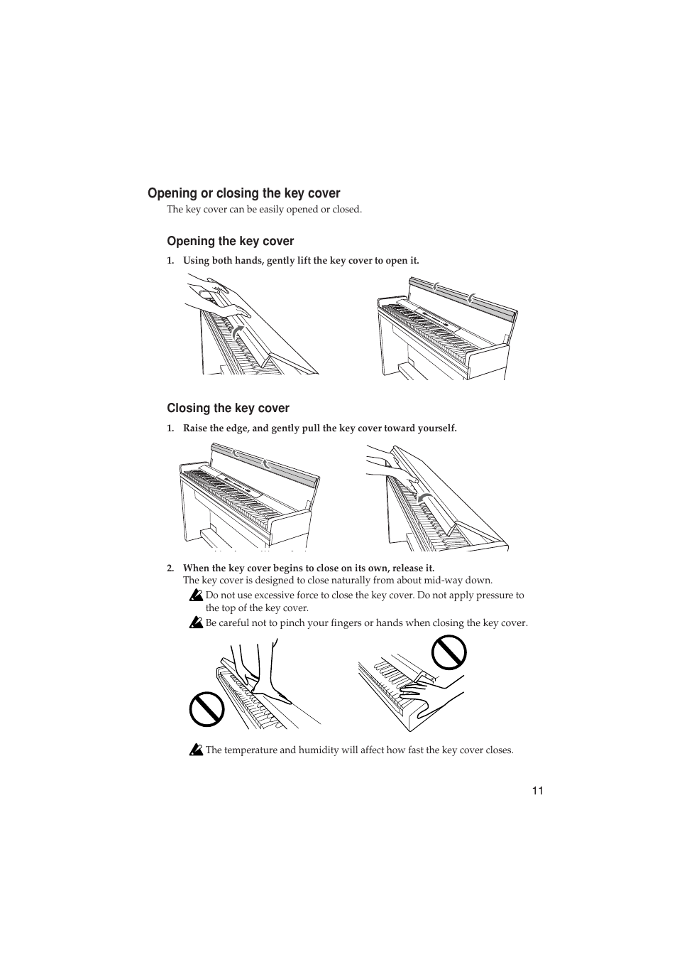 Opening or closing the key cover | KORG LP-350 User Manual | Page 11 / 44