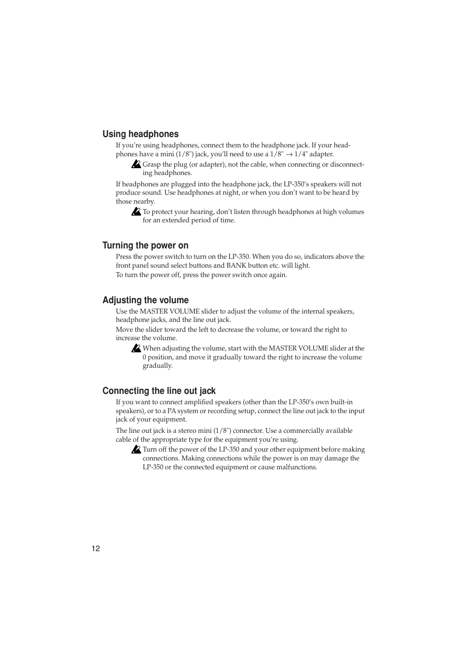 Using headphones, Turning the power on, Adjusting the volume | Connecting the line out jack | KORG LP-350 User Manual | Page 12 / 44