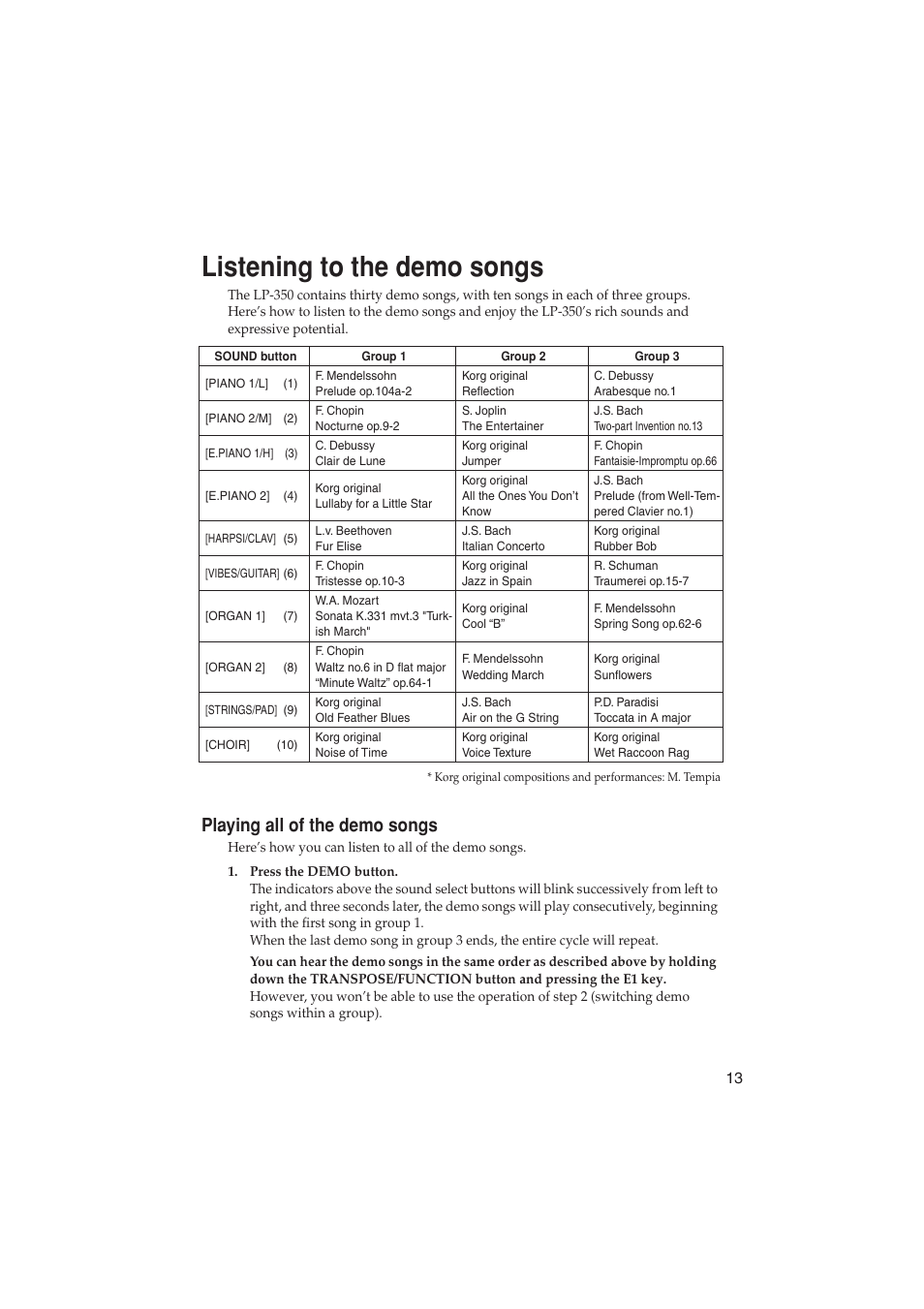 Listening to the demo songs, Playing all of the demo songs | KORG LP-350 User Manual | Page 13 / 44