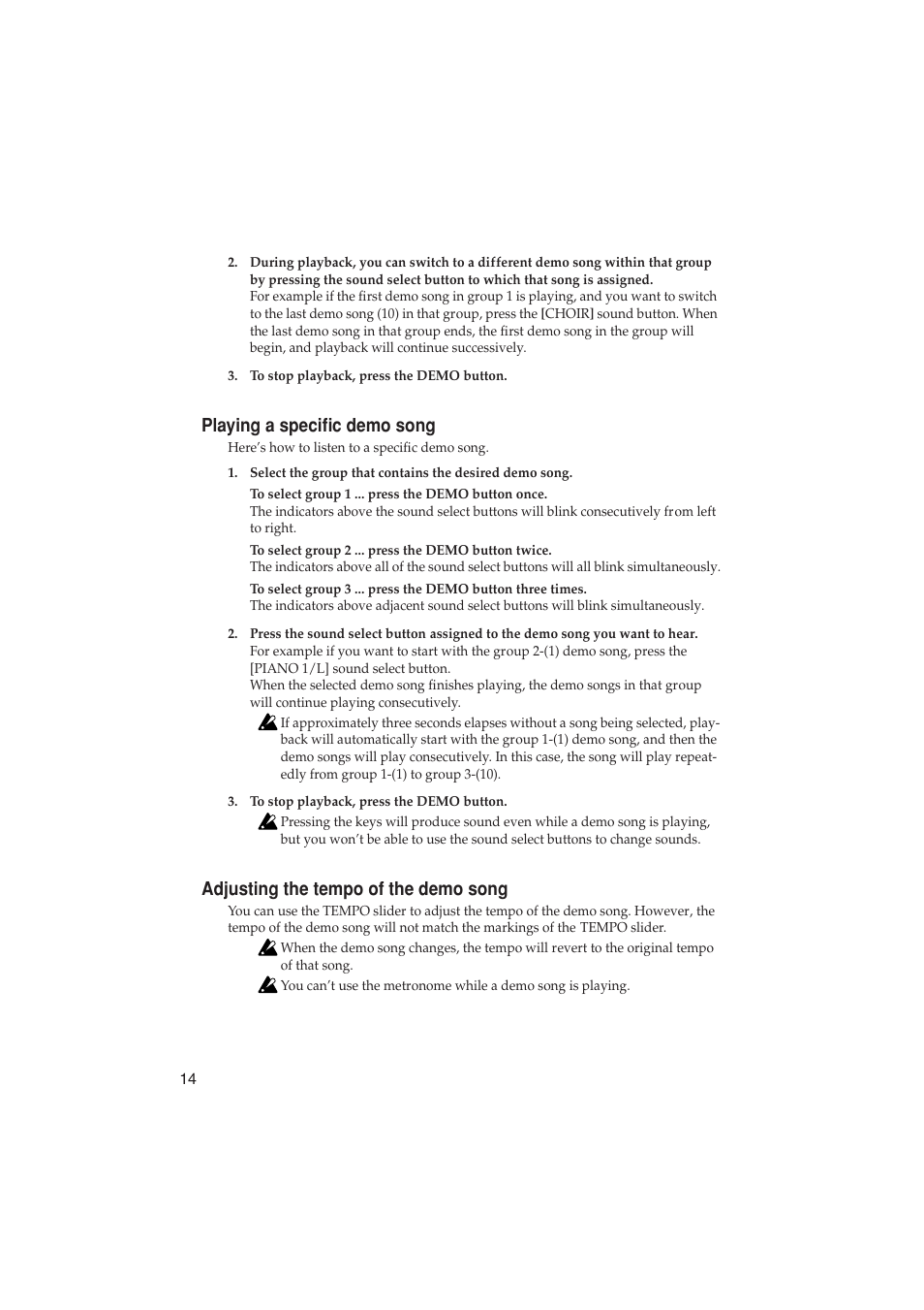 Playing a specific demo song, Adjusting the tempo of the demo song | KORG LP-350 User Manual | Page 14 / 44