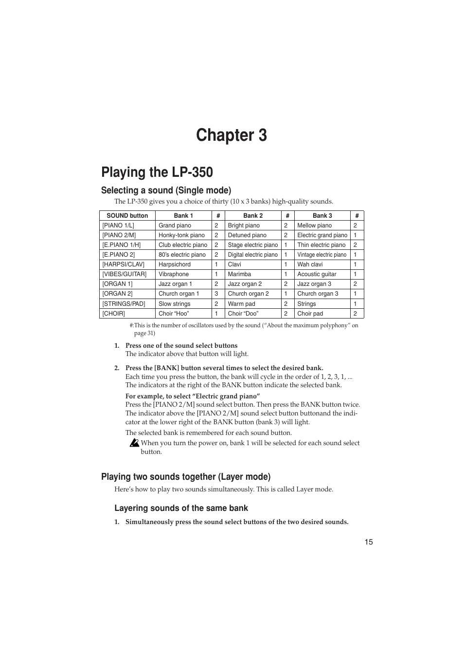 Chapter 3, Playing the lp-350, Selecting a sound (single mode) | Playing two sounds together (layer mode), Layering sounds of the same bank | KORG LP-350 User Manual | Page 15 / 44