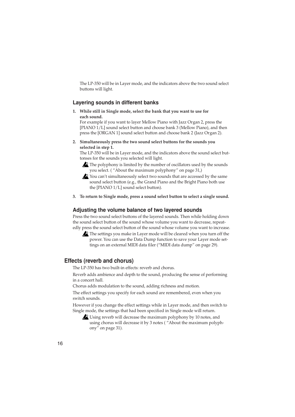 Effects (reverb and chorus) | KORG LP-350 User Manual | Page 16 / 44