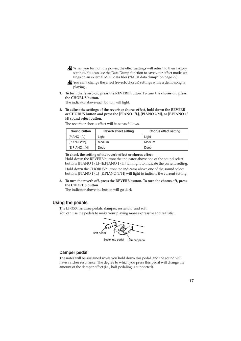 Using the pedals, Damper pedal | KORG LP-350 User Manual | Page 17 / 44