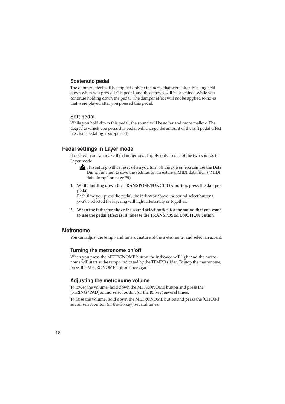 Pedal settings in layer mode, Metronome, Pedal settings in layer mode metronome | KORG LP-350 User Manual | Page 18 / 44