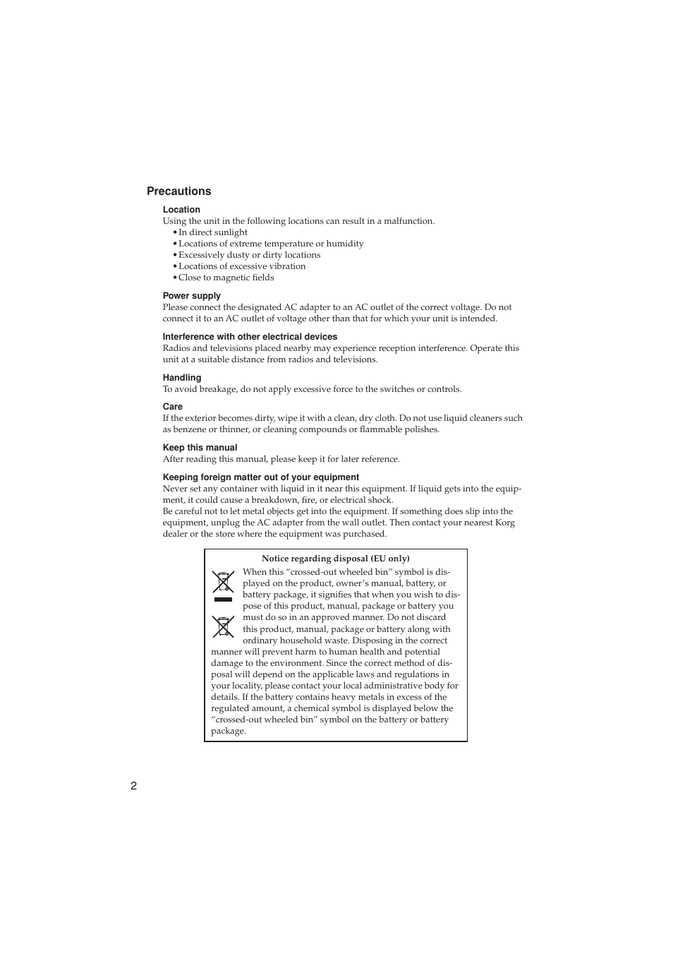 2 precautions | KORG LP-350 User Manual | Page 2 / 44