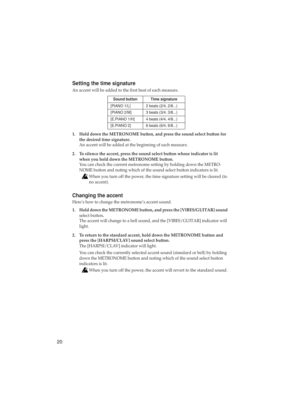 Setting the time signature, Changing the accent | KORG LP-350 User Manual | Page 20 / 44