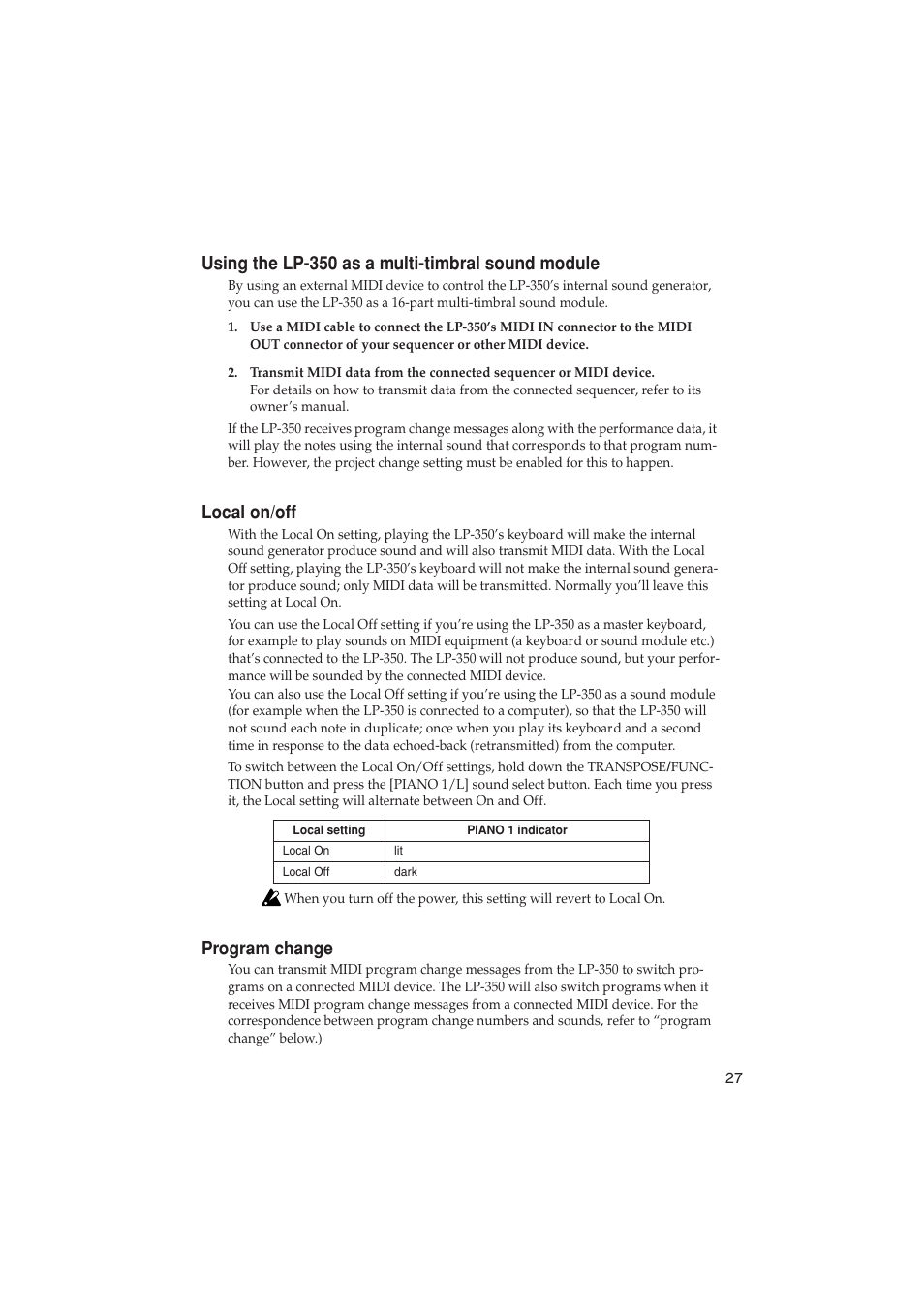 Using the lp-350 as a multi-timbral sound module, Local on/off, Program change | KORG LP-350 User Manual | Page 27 / 44