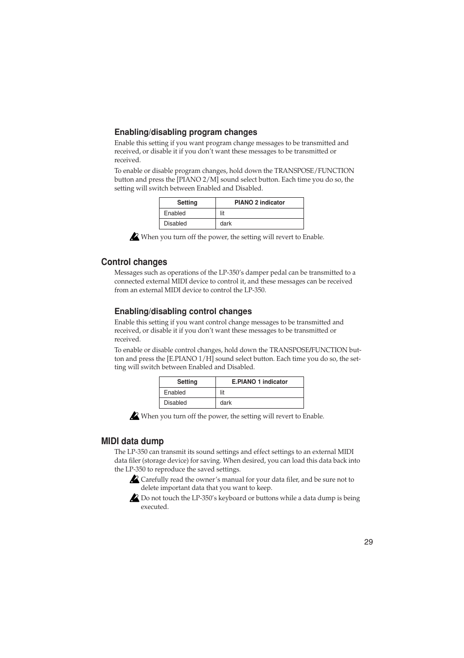 Control changes, Midi data dump, Control changes midi data dump | KORG LP-350 User Manual | Page 29 / 44
