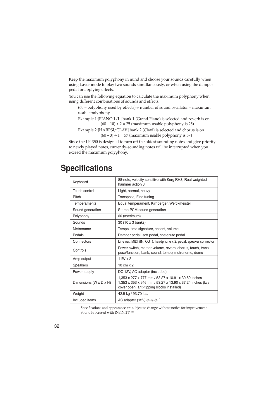 Specifications | KORG LP-350 User Manual | Page 32 / 44