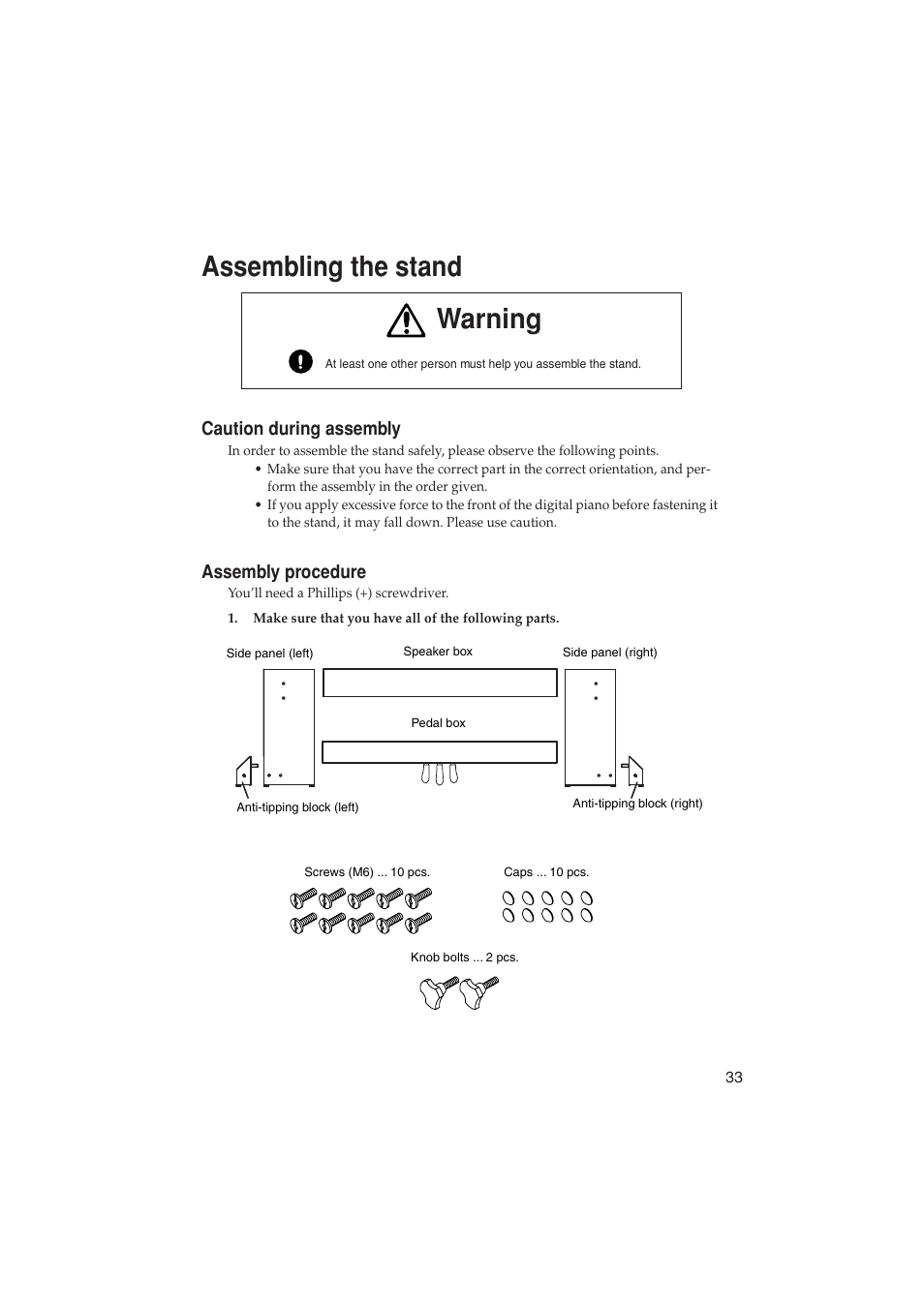 Assembling the stand, Caution during assembly, Assembly procedure | Caution during assembly assembly procedure, Warning | KORG LP-350 User Manual | Page 33 / 44