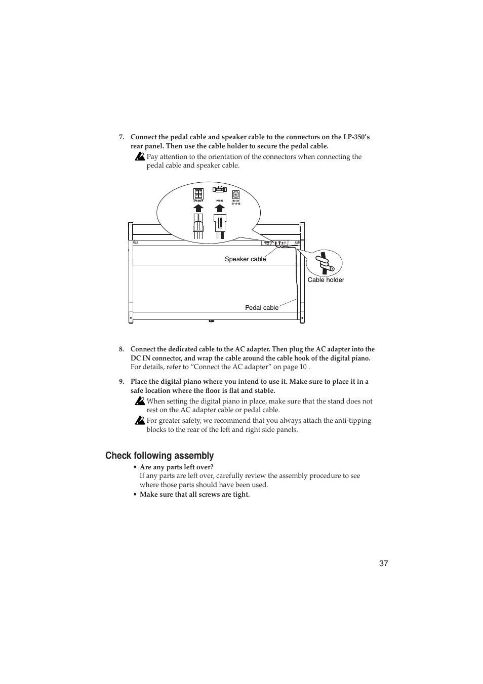 Check following assembly | KORG LP-350 User Manual | Page 37 / 44