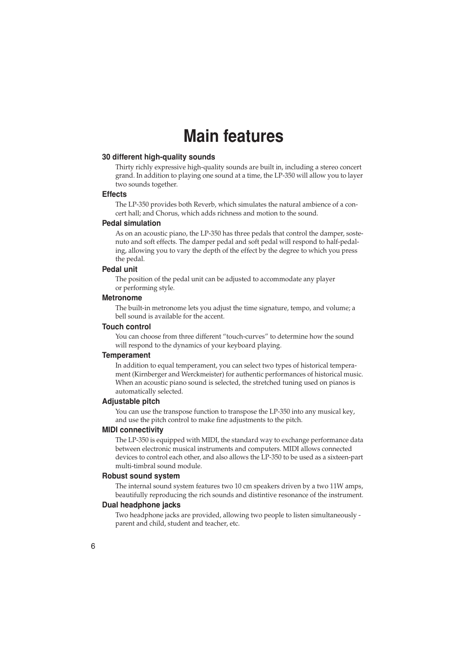 Main features | KORG LP-350 User Manual | Page 6 / 44