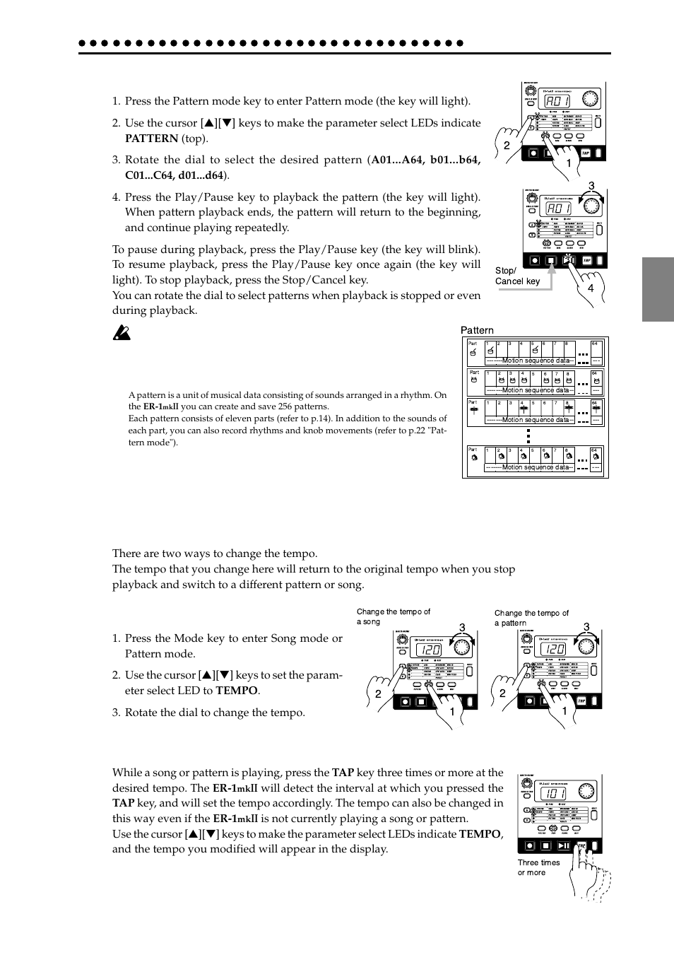 Listening to patterns, Trying out the functions, Changing the tempo of a song or pattern | Using the dial to change the tempo, Using the tap tempo key to change the tempo, Listening to patterns trying out the functions, Basic operation (quick start), What is a pattern | KORG ER-1mkII User Manual | Page 13 / 52