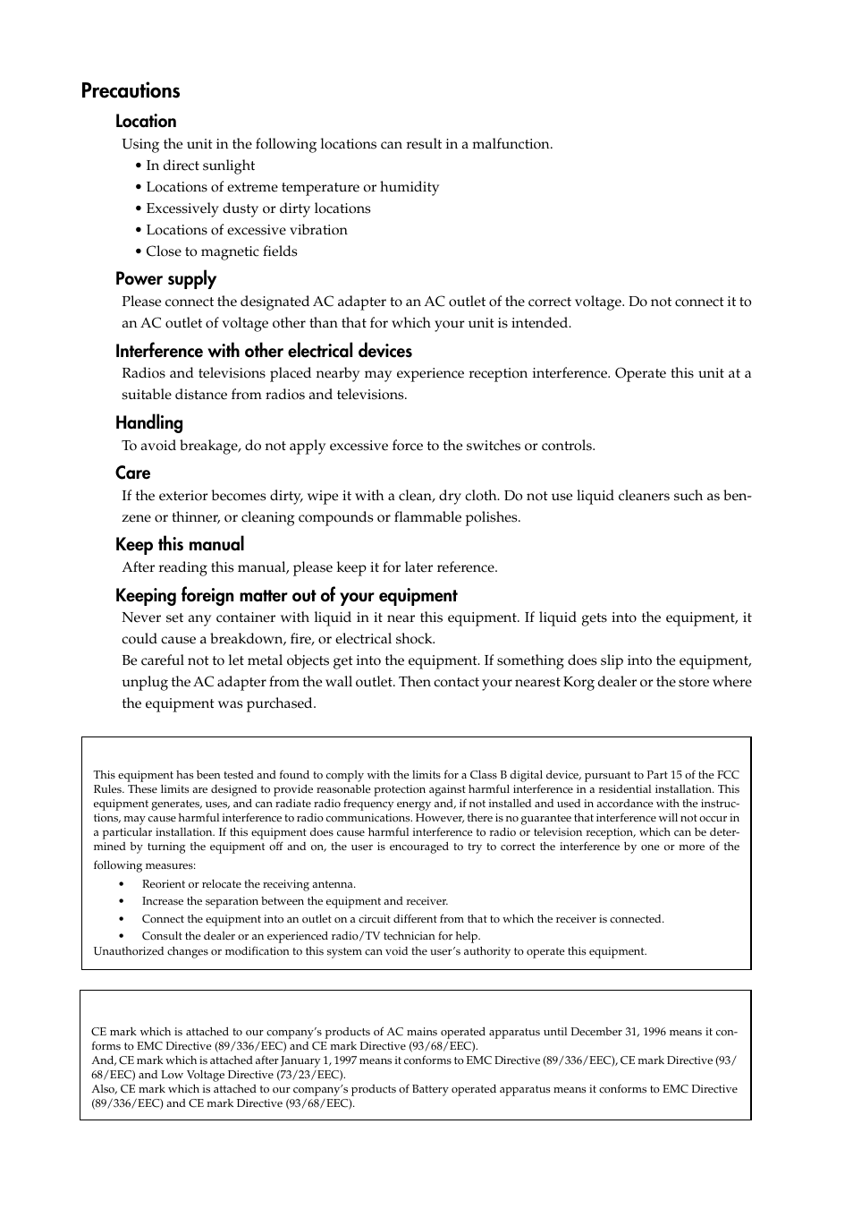 Precautions, Location, Power supply | Interference with other electrical devices, Handling, Care, Keep this manual, Keeping foreign matter out of your equipment, The fcc regulation warning (for u.s.a.), Ce mark for european harmonized standards | KORG ER-1mkII User Manual | Page 2 / 52