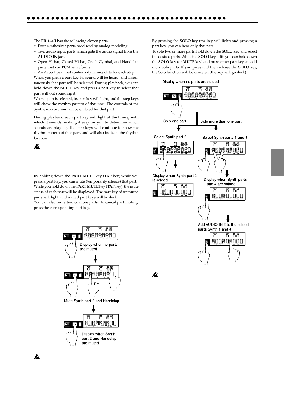 Selecting parts, The part mute function, The part solo function | KORG ER-1mkII User Manual | Page 23 / 52