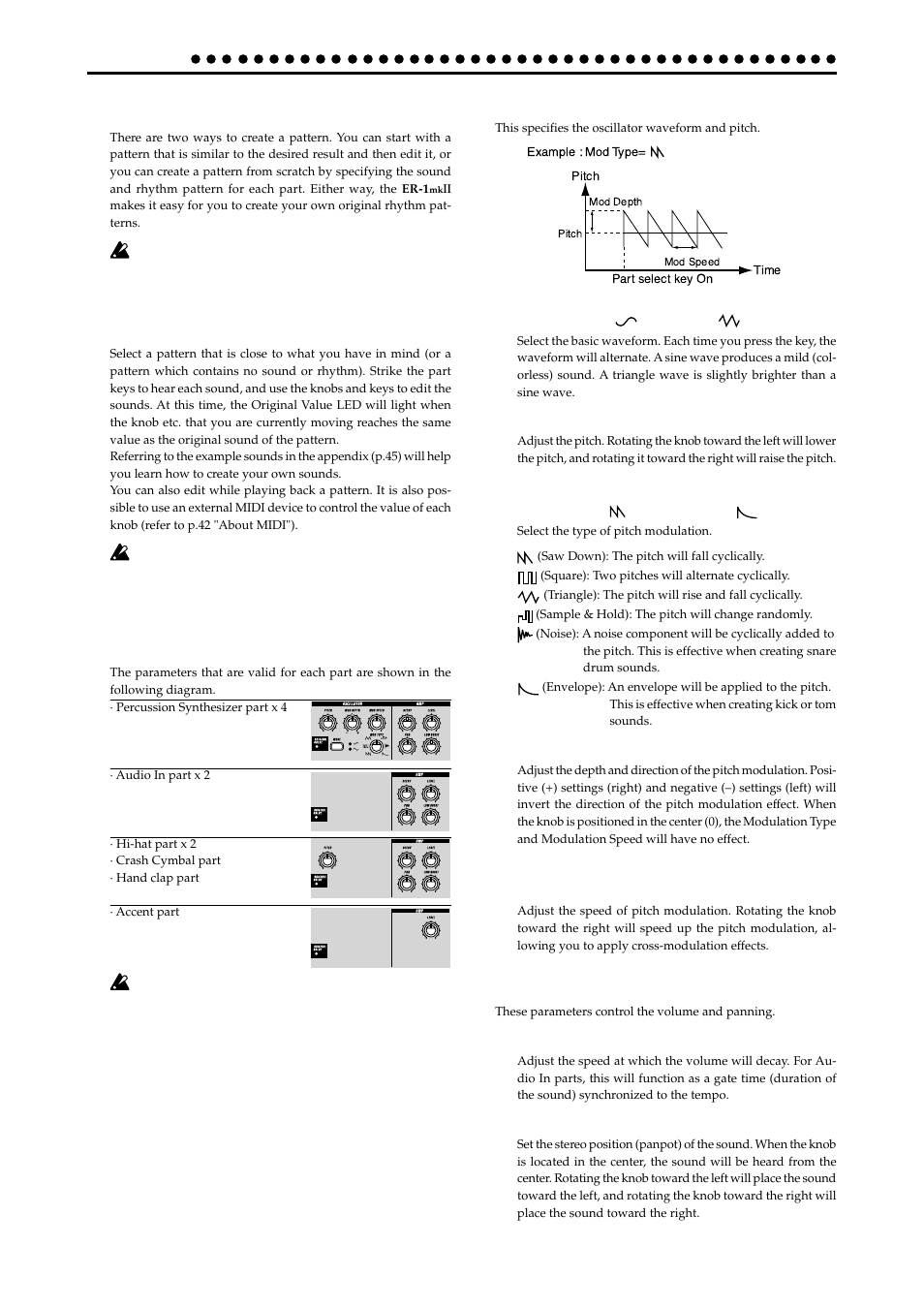 Creating a pattern, Editing the sound of a part, Oscillator and amp parameters | Oscillator, Oscillator and amp parameters oscillator amp | KORG ER-1mkII User Manual | Page 24 / 52
