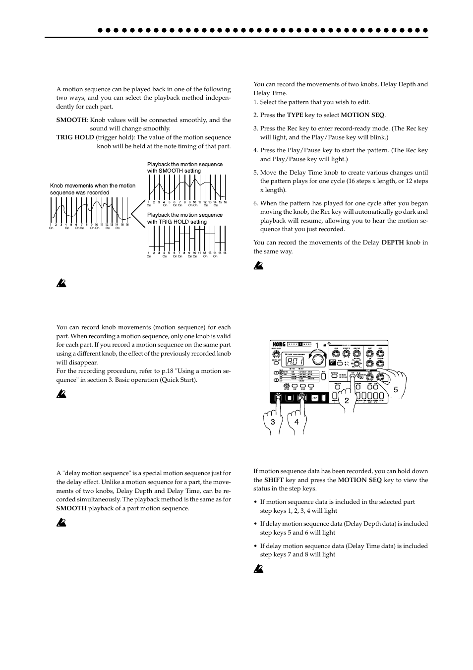 Motion sequence, Playing a motion sequence, Recording a motion sequence | Playing a delay motion sequence, Recording a delay motion sequence, Checking motion data | KORG ER-1mkII User Manual | Page 28 / 52