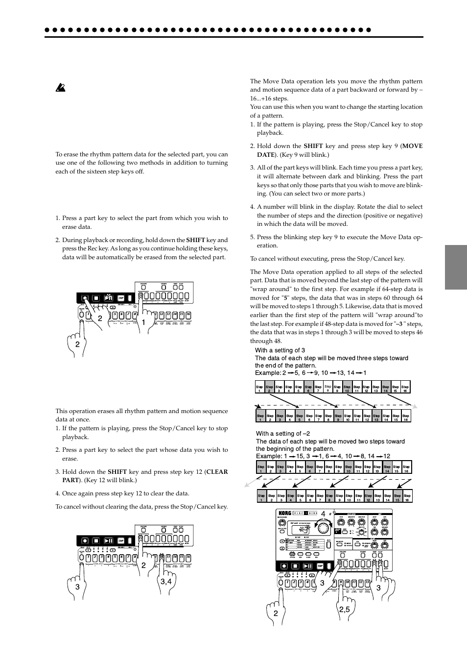 Convenient functions for editing patterns, Erasing rhythm pattern data from a part, Erasing data during playback or recording (erase) | Erasing all data from a part (clear part), Moving data within a part (move data), P atter n mode, Pattern mode | KORG ER-1mkII User Manual | Page 29 / 52