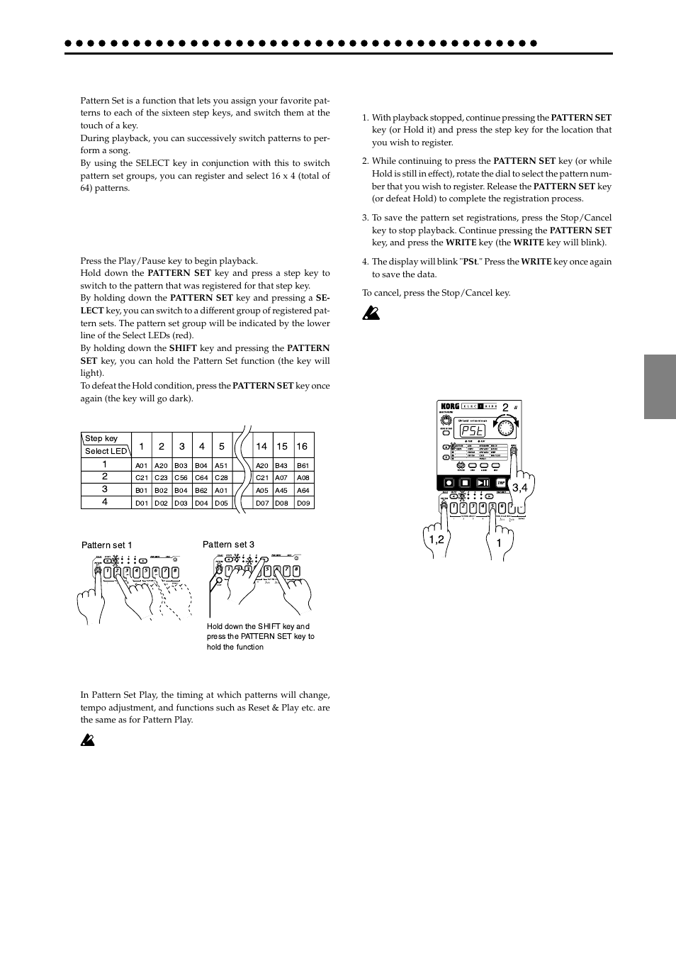 Pattern set, Using pattern set to perform (pattern set play), Registering a pattern for pattern set | KORG ER-1mkII User Manual | Page 31 / 52