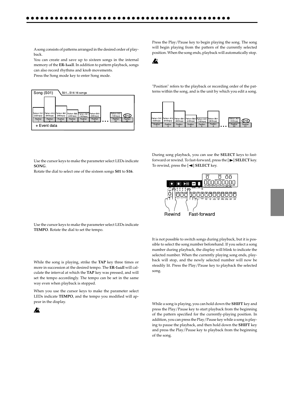 Song mode, Selecting a song, Setting the playback tempo | Using the dial to set the tempo, Using the tap tempo key to set the tempo, Playing a song (song play), Fast-forward or rewind a song, Switching songs, Selecting a song setting the playback tempo, Creating a song | KORG ER-1mkII User Manual | Page 33 / 52