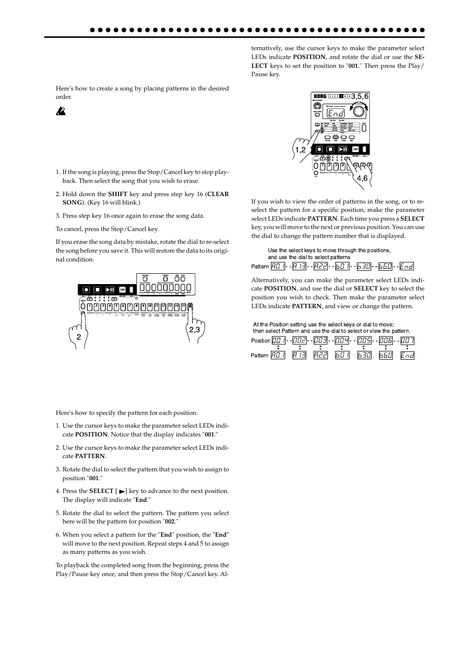 Creating a song, Creating a song from scratch, Erasing song data (clear song) | Specifying a pattern for each position | KORG ER-1mkII User Manual | Page 34 / 52