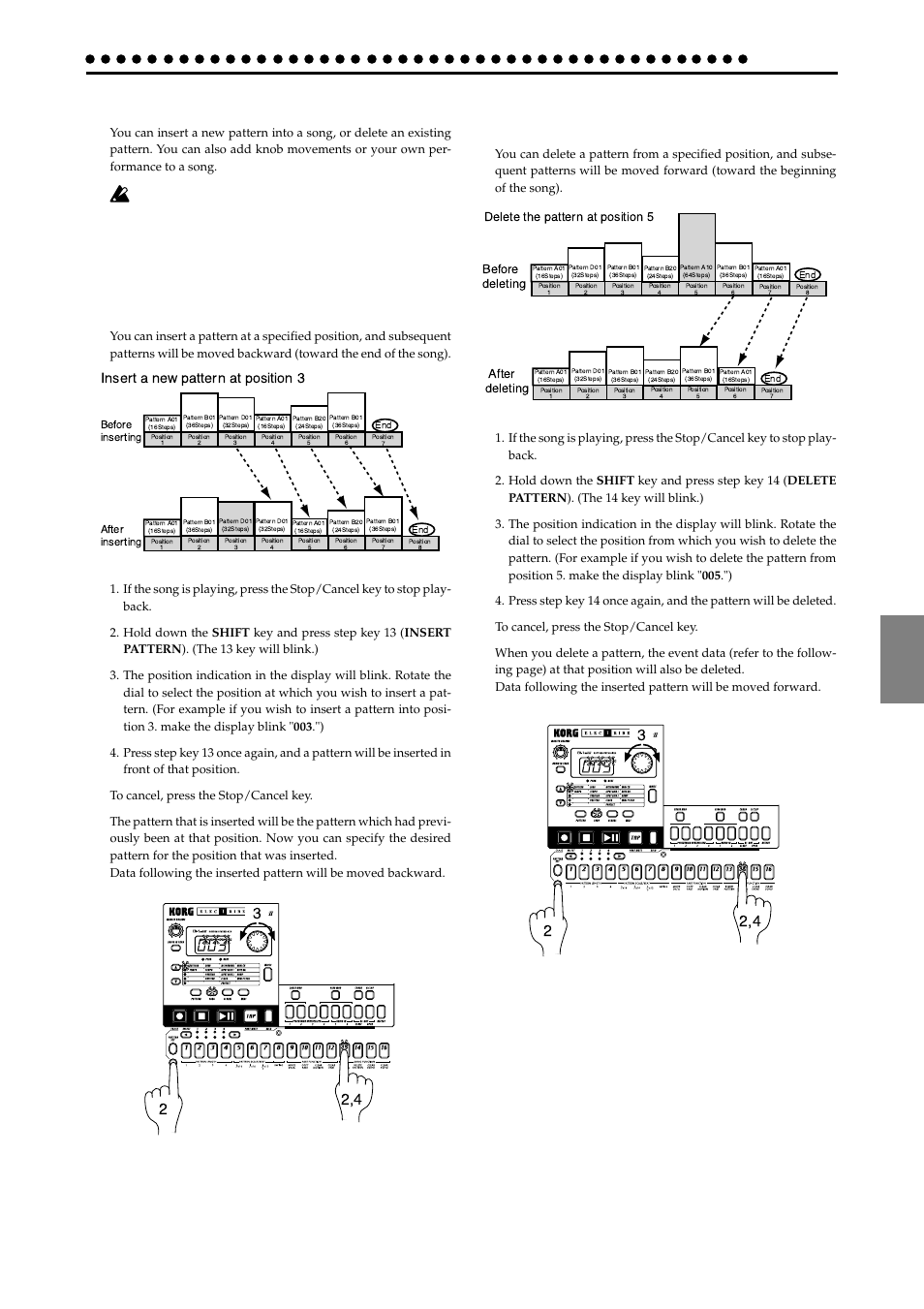 Editing a song, Song mode, Insert a new pattern at position 3 | Delete the pattern at position 5 | KORG ER-1mkII User Manual | Page 35 / 52