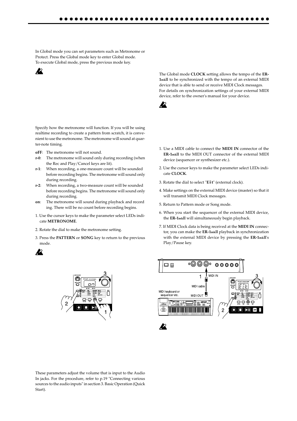 Global mode, Metronome settings, Adjusting the volume of the audio in | Ii with external midi devices (midi clock), Synchronizing the er-1, Ii to a master external midi device (ext), Metronome off, r-0, r-1, r-2, on, Clock int, ext | KORG ER-1mkII User Manual | Page 38 / 52