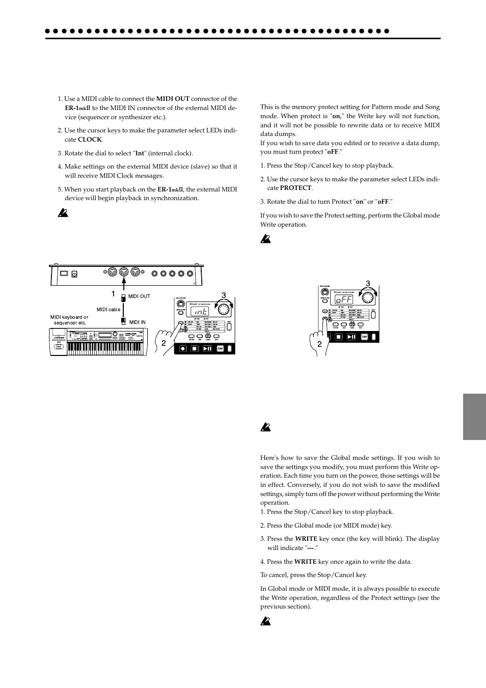 Protect settings (memory protect), Synchronizing an external midi device to the er-1, Ii as master (int) | Protect on, off | KORG ER-1mkII User Manual | Page 39 / 52