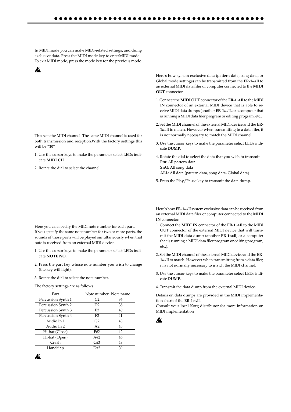 Midi mode, Midi channel settings (midi ch), Transmit/receive dump data(midi data dump) | Transmit/receive dump data (midi data dump), Midi ch 1, Dump ptn, sng, all transmission, Reception | KORG ER-1mkII User Manual | Page 40 / 52