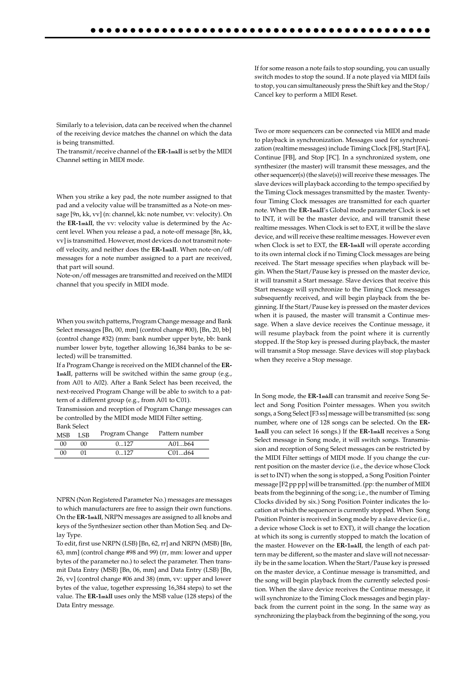Appendices, About midi, Midi channels | Switching patterns, Using nrpn messages to edit, About synchronization, Synchronization in song mode | KORG ER-1mkII User Manual | Page 42 / 52