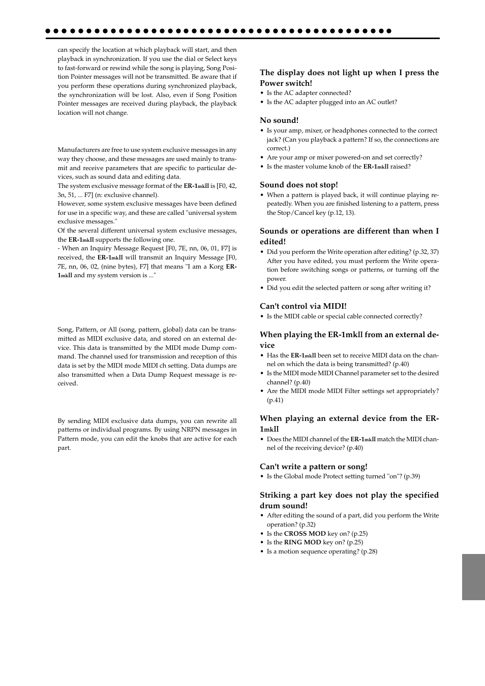 Troubleshooting, About system exclusive messages, Transmitting sound setting data (data dump) | Editing sounds etc | KORG ER-1mkII User Manual | Page 43 / 52