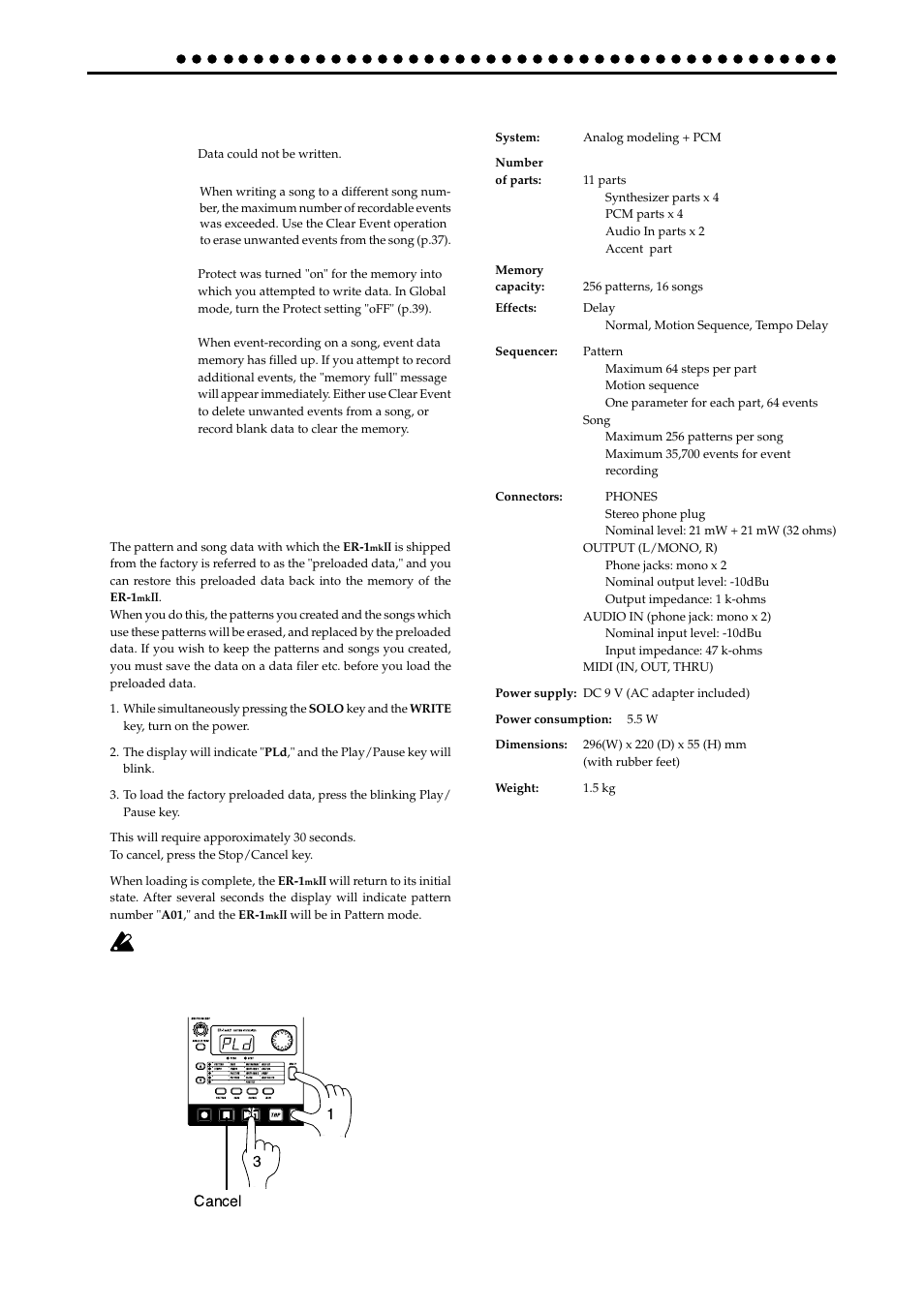 Error messages, Restoring the factory set data, Specifications | Er.1 er.2 er.9 full | KORG ER-1mkII User Manual | Page 44 / 52