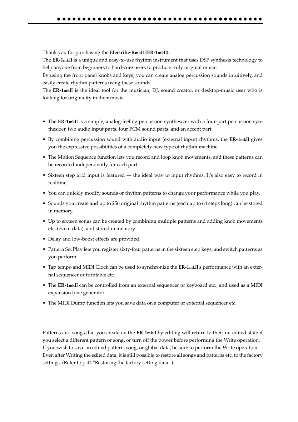 Introduction, Main features, About the data you create on the er-1mkii | About the data you create on the er-1 | KORG ER-1mkII User Manual | Page 6 / 52