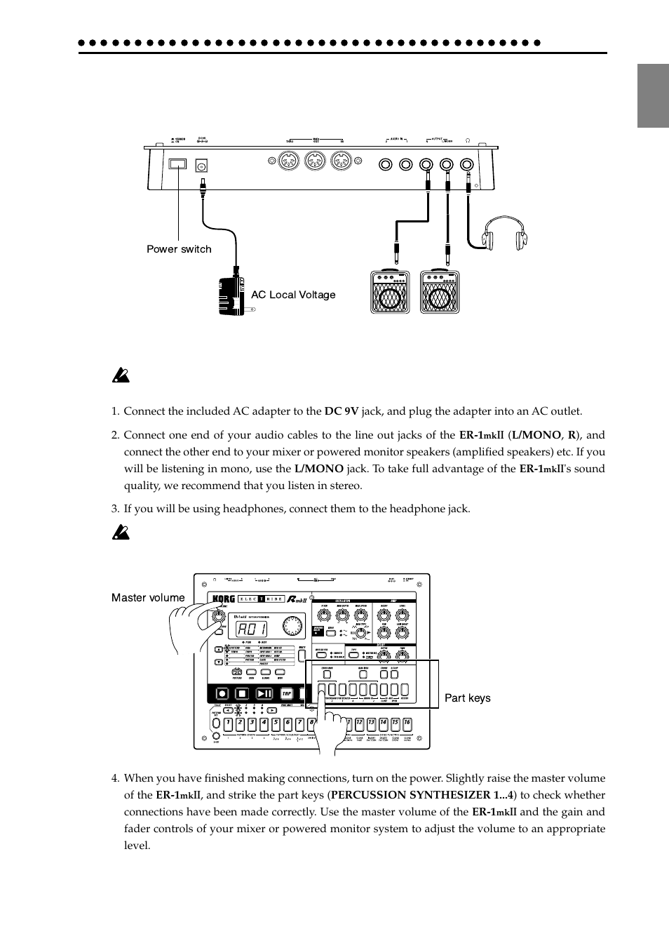 Make connections and play, Example connections, Preparing to play | Example connections preparing to play | KORG ER-1mkII User Manual | Page 7 / 52