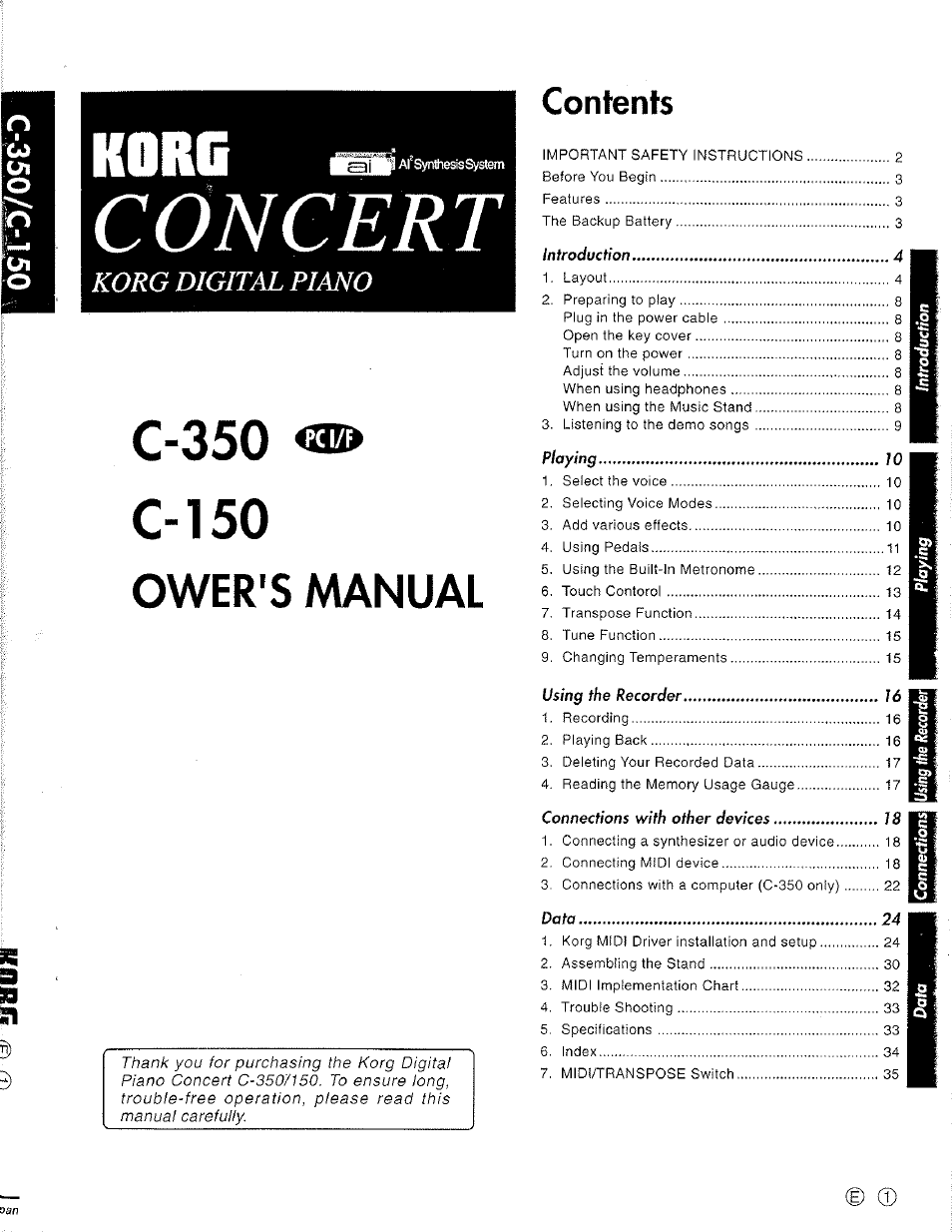 KORG Concert Korg Digital Piano C-150 User Manual | 36 pages