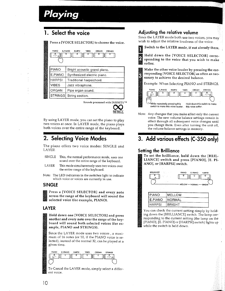 Playing, Layer, Adjusting the relative volume | Setting the brilliance, Piaying, I ^ illi, Select the voice, Selecting voice modes, Single, Add various effects (c-350 only) | KORG Concert Korg Digital Piano C-150 User Manual | Page 10 / 36