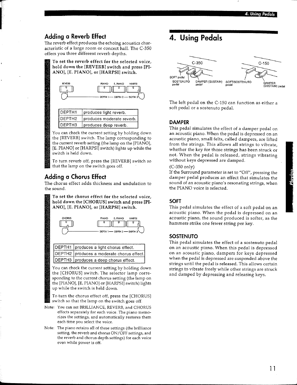 Adding a reverb effect, Adding a chorus effect, Damper | Soft, Sostenuto, Dcidli, Using pedals | KORG Concert Korg Digital Piano C-150 User Manual | Page 11 / 36