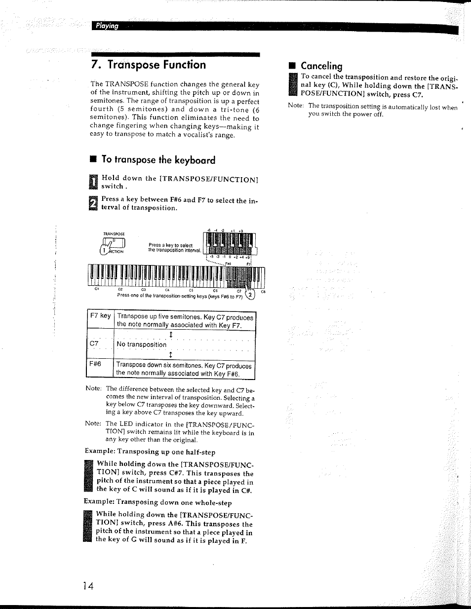 Canceling, To transpose the keyboard, 7, trdiispose function | KORG Concert Korg Digital Piano C-150 User Manual | Page 14 / 36