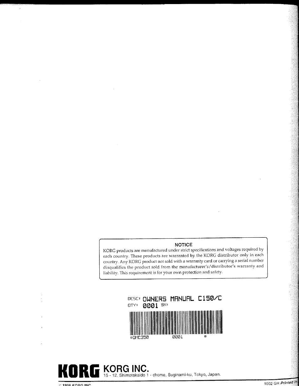 Karil korg inc, Owners rirnurl c150/c | KORG Concert Korg Digital Piano C-150 User Manual | Page 36 / 36