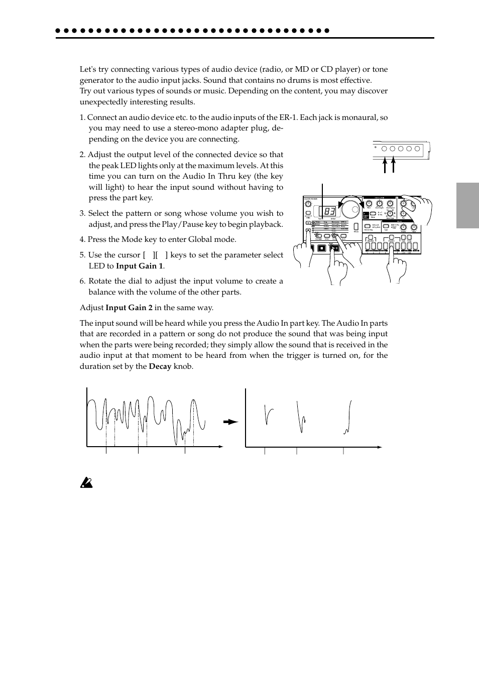Connecting various sources to the audio inputs | KORG ELECTRIBER ER-1 User Manual | Page 19 / 52