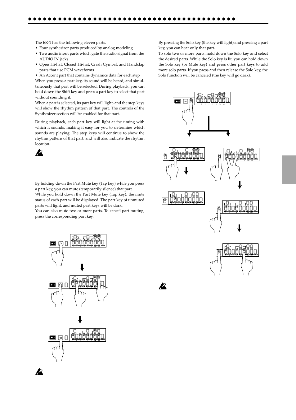 Selecting parts, The part mute function, The part solo function | KORG ELECTRIBER ER-1 User Manual | Page 23 / 52