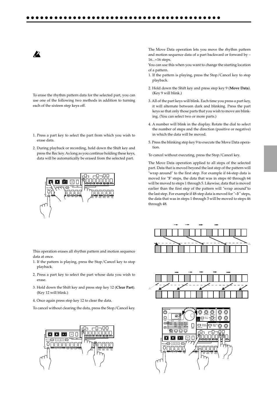 Convenient functions for editing patterns, Erasing rhythm pattern data from a part, Erasing data during playback or recording (erase) | Erasing all data from a part (clear part), Moving data within a part (move data), Pattern mode | KORG ELECTRIBER ER-1 User Manual | Page 29 / 52