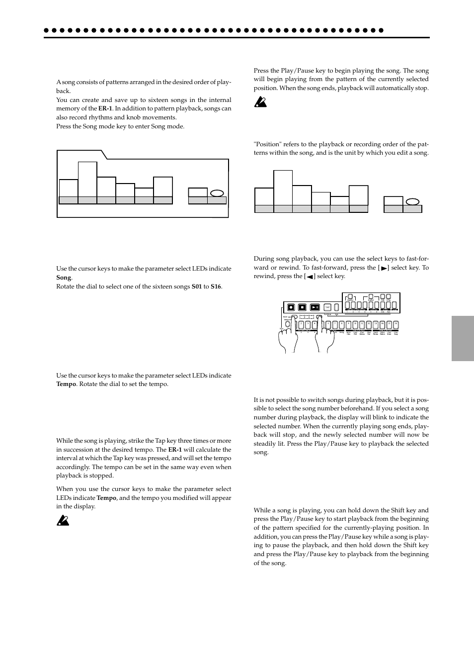 Song mode, Selecting a song, Setting the playback tempo | Using the dial to set the tempo, Using the tap tempo key to set the tempo, Playing a song (song play), Fast-forward or rewind a song, Switching songs, Selecting a song setting the playback tempo, Song s01...s16 | KORG ELECTRIBER ER-1 User Manual | Page 33 / 52