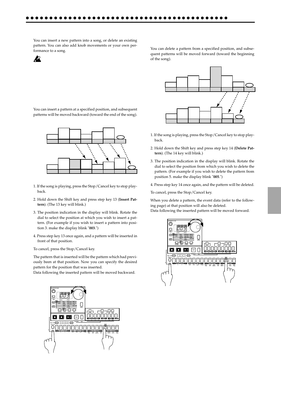 Editing a song, Song mode, Insert a new pattern at position 3 | Delete the pattern at position 5 | KORG ELECTRIBER ER-1 User Manual | Page 35 / 52