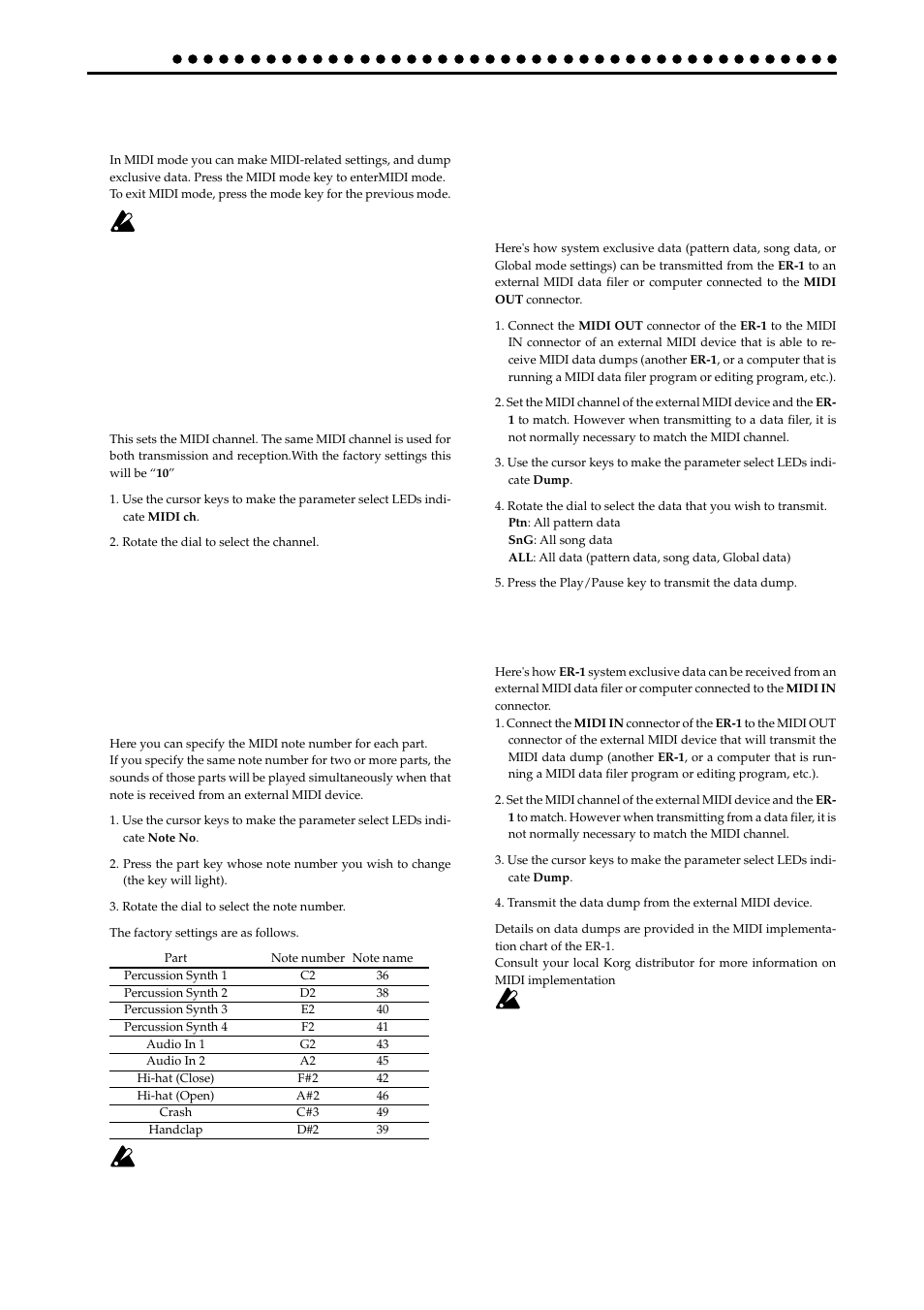 Midi mode, Midi channel settings (midi ch), Transmit/receive dump data(midi data dump) | Midi ch 1, Dump ptn, sng, all transmission, Reception | KORG ELECTRIBER ER-1 User Manual | Page 40 / 52