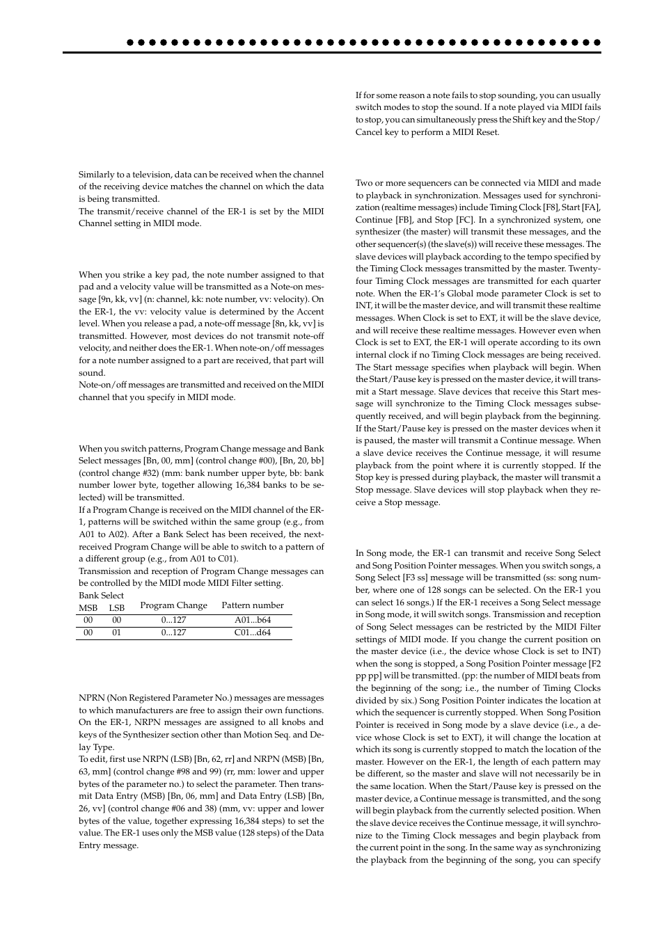 Appendices, About midi, Midi channels | Switching patterns, Using nrpn messages to edit, About synchronization, Synchronization in song mode | KORG ELECTRIBER ER-1 User Manual | Page 42 / 52